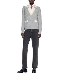 Sandro Nea Collared V-neck Cable-Knit Sweater