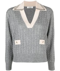 Sandro Nea Collared V-neck Cable-Knit Sweater