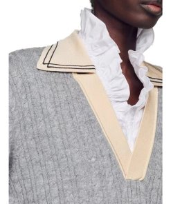 Sandro Nea Collared V-neck Cable-Knit Sweater