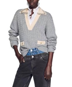 Sandro Nea Collared V-neck Cable-Knit Sweater