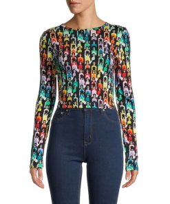 Alice + Olivia Delaina Stace Face Long-Sleeve Cropped Top