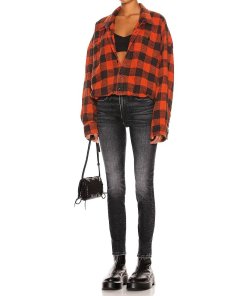 R13 Plaid Gathered Hem Work Cotton Flannel Shirt