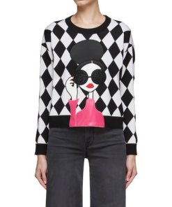 Alice + Olivia Gleeson Applique Checkerboard Crewneck Sweater