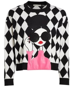 Alice + Olivia Gleeson Applique Checkerboard Crewneck Sweater