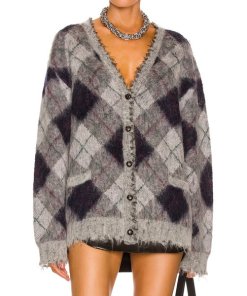 R13 Fluffy Argyle Plaid Oversized Distressed Edge Cardigan