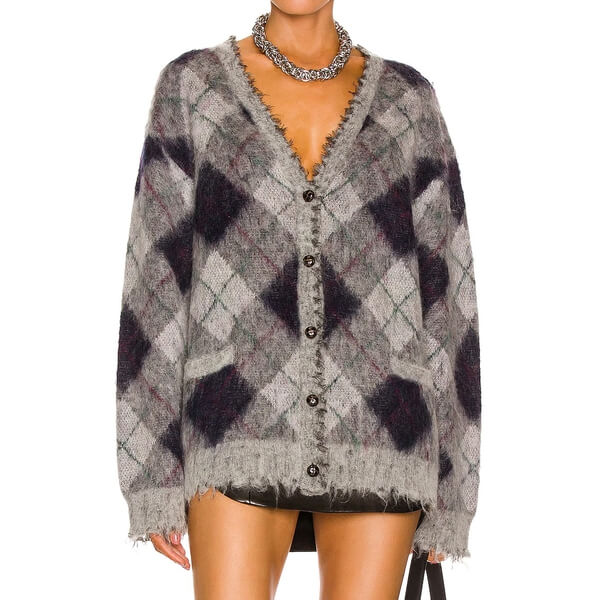 R13 Fluffy Argyle Plaid Oversized Distressed Edge Cardigan