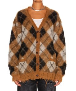 R13 Fluffy Argyle Plaid Oversized Distressed Edge Cardigan