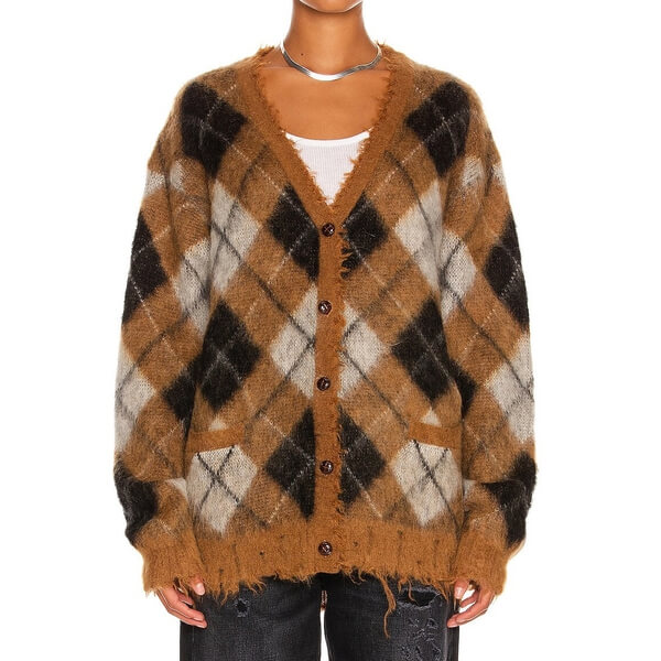 R13 Fluffy Argyle Plaid Oversized Distressed Edge Cardigan