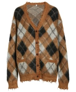 R13 Fluffy Argyle Plaid Oversized Distressed Edge Cardigan