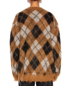 R13 Fluffy Argyle Plaid Oversized Distressed Edge Cardigan