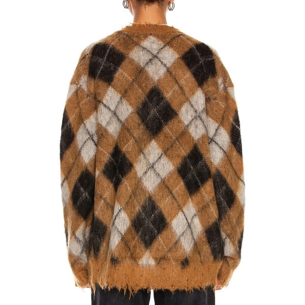 R13 Fluffy Argyle Plaid Oversized Distressed Edge Cardigan