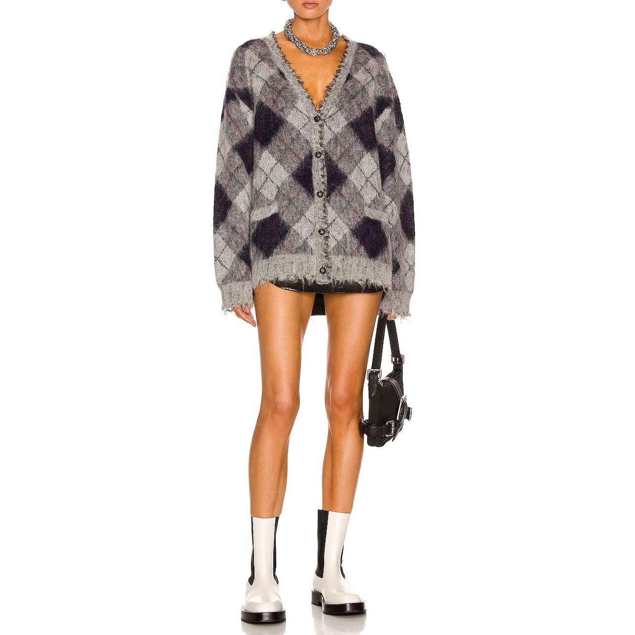 R13 Fluffy Argyle Plaid Oversized Distressed Edge Cardigan