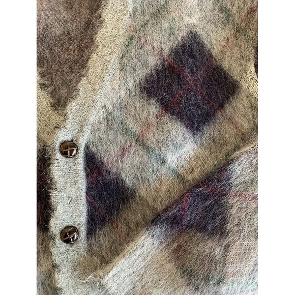 R13 Fluffy Argyle Plaid Oversized Distressed Edge Cardigan