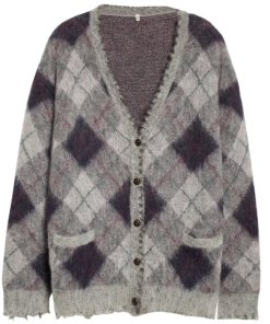 R13 Fluffy Argyle Plaid Oversized Distressed Edge Cardigan
