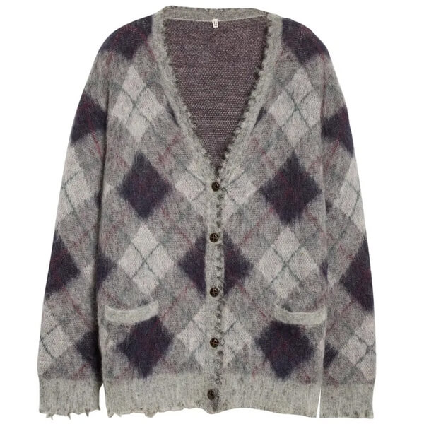 R13 Fluffy Argyle Plaid Oversized Distressed Edge Cardigan