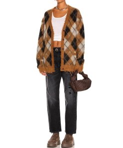 R13 Fluffy Argyle Plaid Oversized Distressed Edge Cardigan