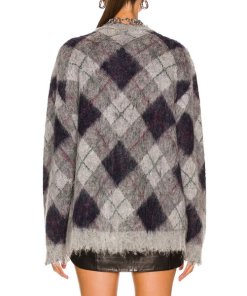 R13 Fluffy Argyle Plaid Oversized Distressed Edge Cardigan