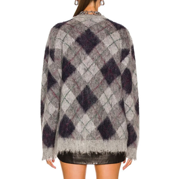 R13 Fluffy Argyle Plaid Oversized Distressed Edge Cardigan