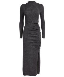 Sandro Fabre Long Gathered Knit Wool-Blend Dress