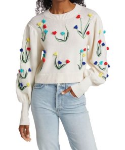 Alice + Olivia Wendell Floral Crochet Crewneck Sweater