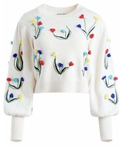 Alice + Olivia Wendell Floral Crochet Crewneck Sweater