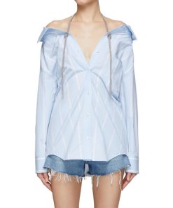 Alexander Wang Crystal Halter Off-the-Shoulder Cotton Shirt