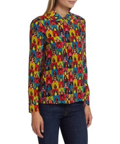 Alice + Olivia Willa Checkered Graphic Silk Shirt