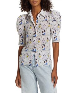 Alice and Olivia Willa Printed Silk Puff Sleeve Top