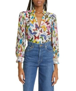 Alice + Olivia Ilan Butterfly Print Cotton-Blend Blouse