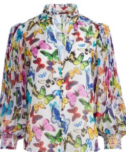 Alice + Olivia Ilan Butterfly Print Cotton-Blend Blouse