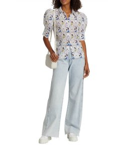 Alice and Olivia Willa Printed Silk Puff Sleeve Top
