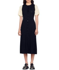 Sandro Mendia Mixed Media Button Front Midi Dress