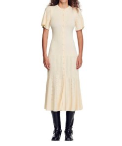 Sandro Mendia Mixed Media Button Front Midi Dress