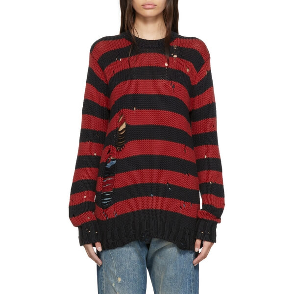 R13 Grunge Shredded Striped Crewneck Sweater