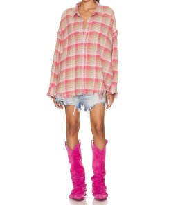 R13 Shredded Seam Drop Neck Plaid Shirt