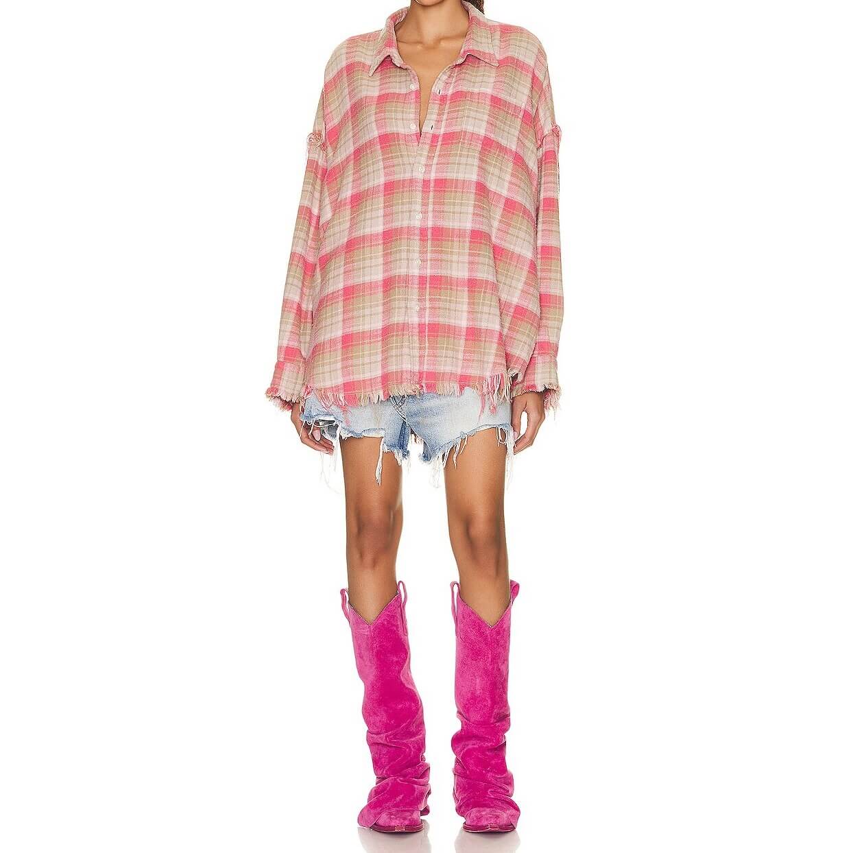 R13 Shredded Seam Drop Neck Plaid Shirt