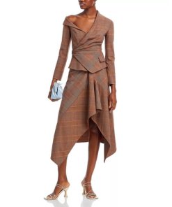 A.L.C. Navy Checked Asymmetric Midi Skirt