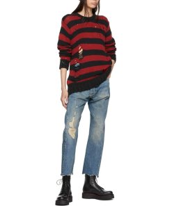 R13 Grunge Shredded Striped Crewneck Sweater