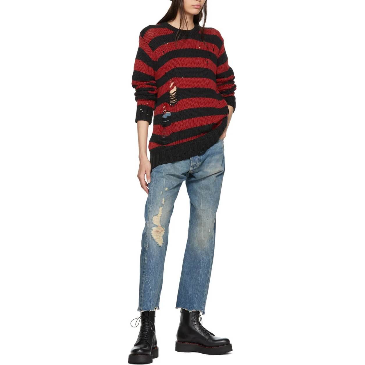 R13 Grunge Shredded Striped Crewneck Sweater
