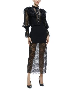 Alice + Olivia Delpha Ruffle Lace Blouson Cropped Top