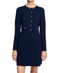 Sandro A-line Button-up Long-Sleeve Knit Mini Dress