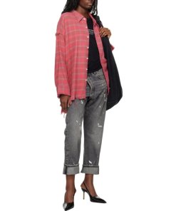 R13 Shredded Hem Drop Neck Check Cotton Shirt