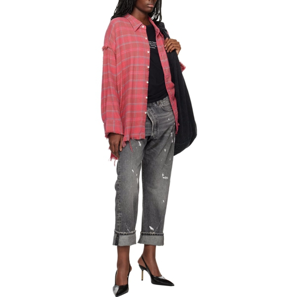 R13 Shredded Hem Drop Neck Check Cotton Shirt
