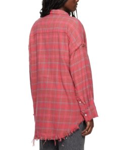 R13 Shredded Hem Drop Neck Check Cotton Shirt