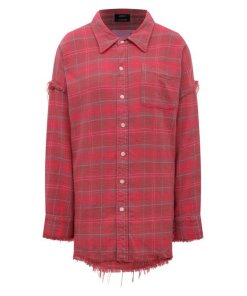 R13 Shredded Hem Drop Neck Check Cotton Shirt