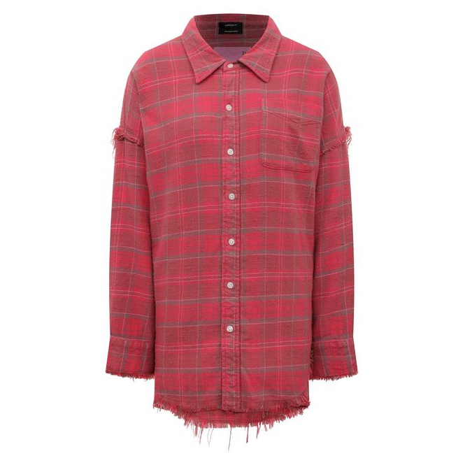 R13 Shredded Hem Drop Neck Check Cotton Shirt