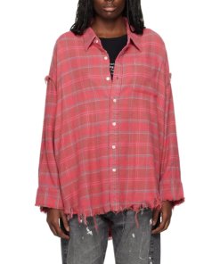R13 Shredded Hem Drop Neck Check Cotton Shirt