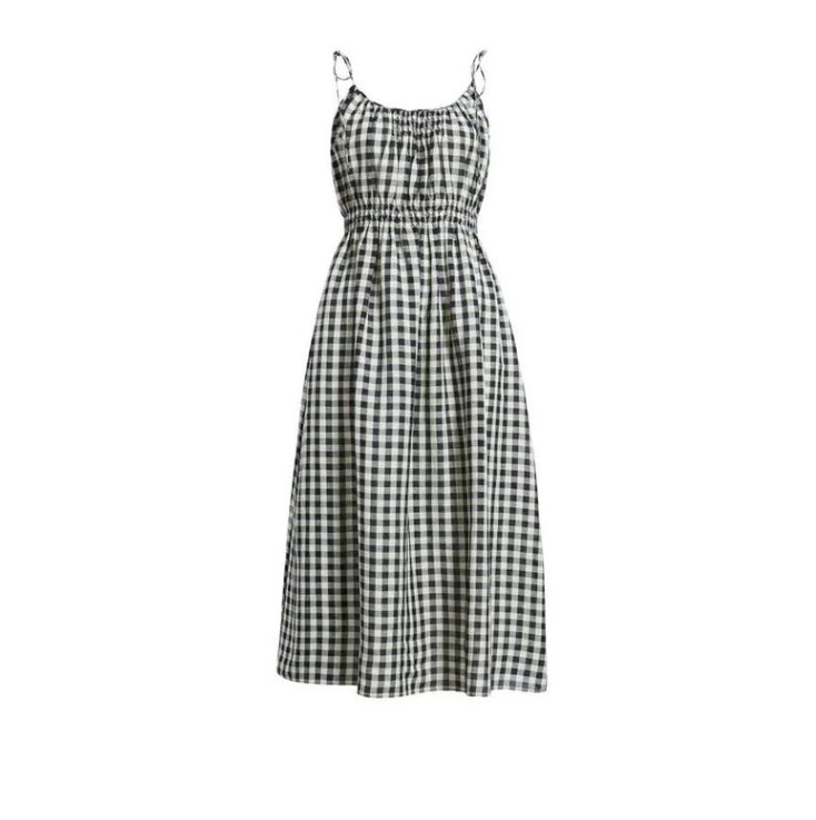 DEN Gingham Pleated Linen Blend Maxi Dress  evaChic
