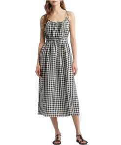DEN Gingham Pleated Linen Blend Maxi Dress  evaChic