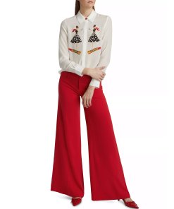 Alice+Olivia Willa Placket silk shirt in I am woman off white